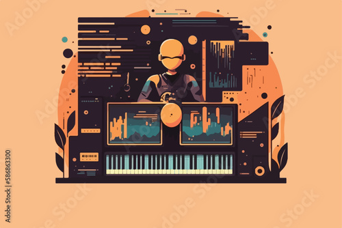 AI and neural network music composition program. Artificial Intelligence musicians and composers to write songs. Flat vector illustration concept. Generative AI 