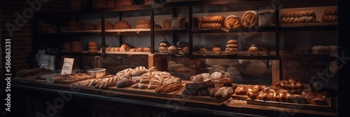 Traditional rustic bakery. Bread and other backed goods on display. Generative ai