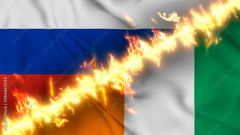 Φωτογραφία Illustration of a waving flag of russia and Ivory Coast separated by a line of fire