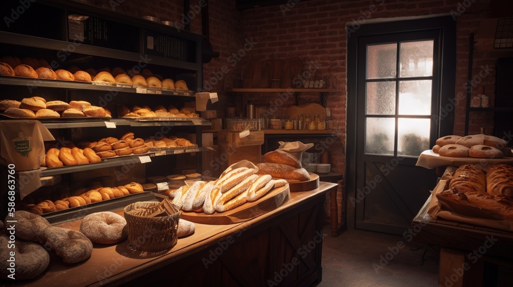 Traditional rustic bakery. Bread and other backed goods on display. Generative ai