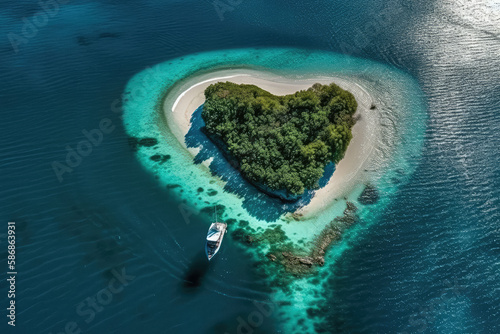 Paradise Island Heart Form is a romantic image of a tropical island surrounded by crystal-clear ocean waters. The heart-shaped island is a true paradise.