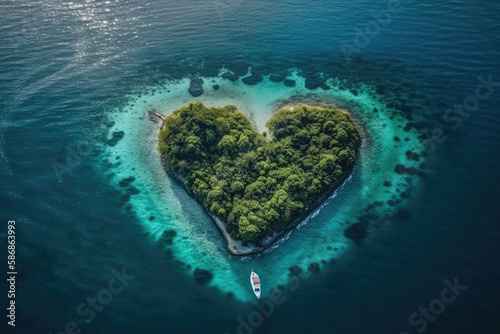 Paradise Island Heart Form is a romantic image of a tropical island surrounded by crystal-clear ocean waters. The heart-shaped island is a true paradise. © overlays-textures