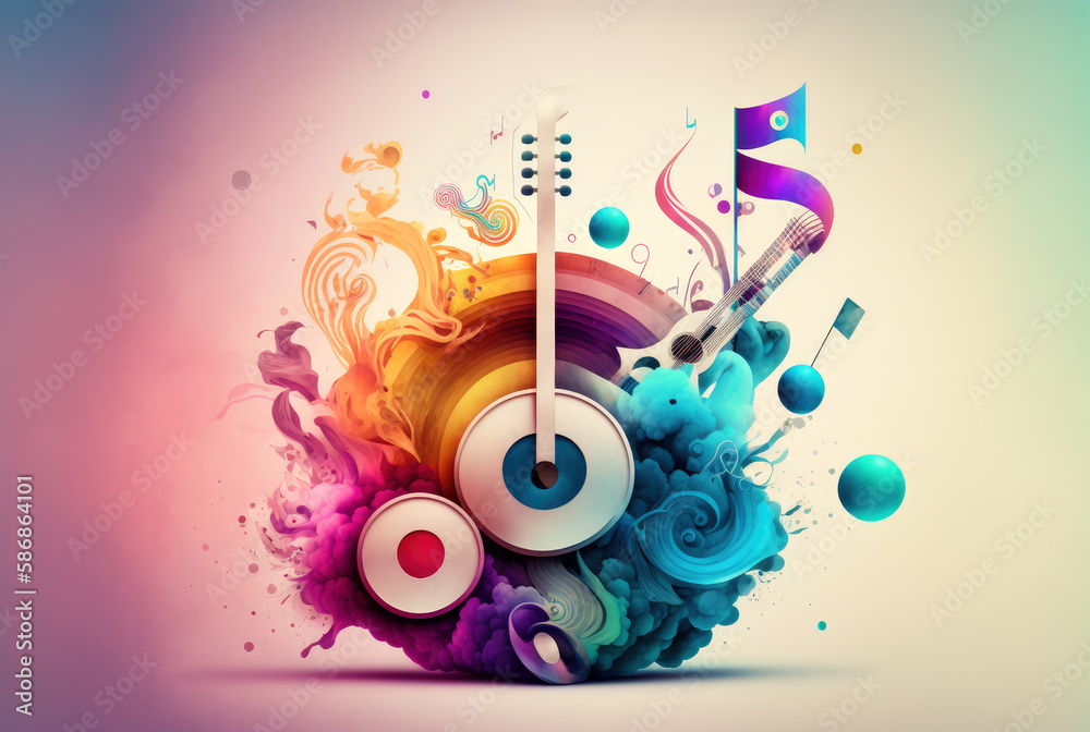 Fototapeta premium Guitar music background with colorful abstract notes. Generative AI
