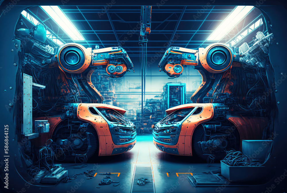 Car factory assembly line with automatic robotic arms working ...