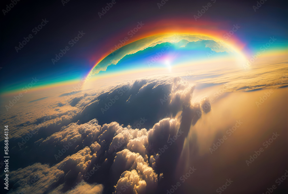 Rainbow above clouds in blue sky. Wide angle. Generative AI