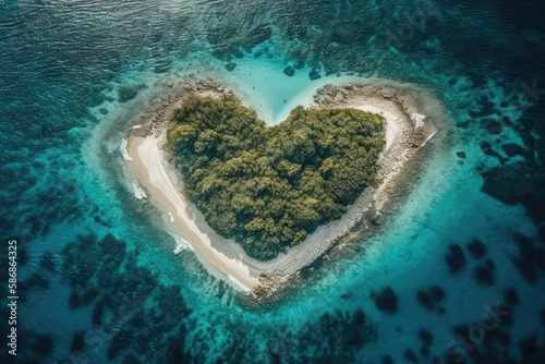 Paradise Island Heart Form is a romantic image of a tropical island surrounded by crystal-clear ocean waters. The heart-shaped island is a true paradise. © overlays-textures