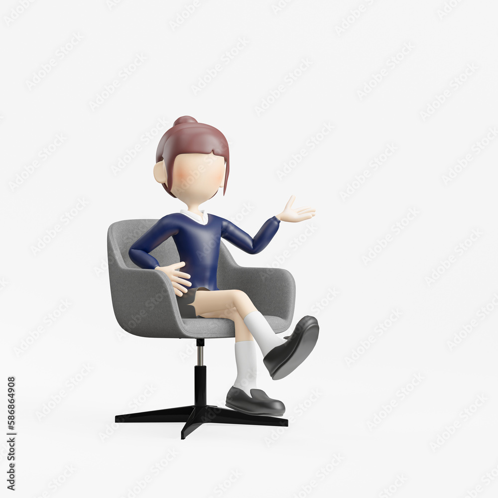 3d cartoon woman sitting in chair with laptop, illustration isolated on white background 3d cartoon woman sitting in chair with laptop, illustration isolated on white background