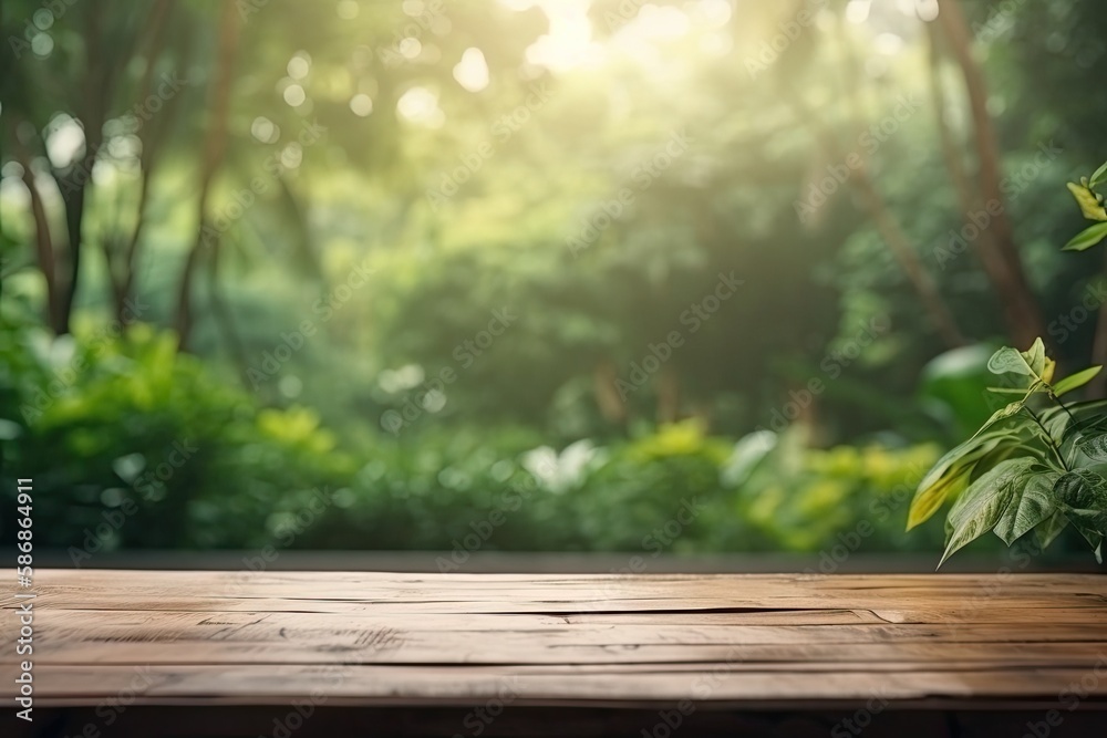 wooden table on natural forest background. Generative AI wooden table on natural forest background. Generative AI