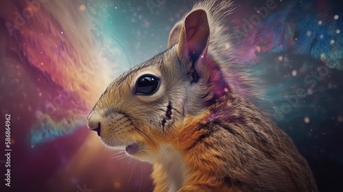 euphoria dreamy aura atmosphere, collage illustration style, close up portrait of a cute squirrel face, Generative Ai