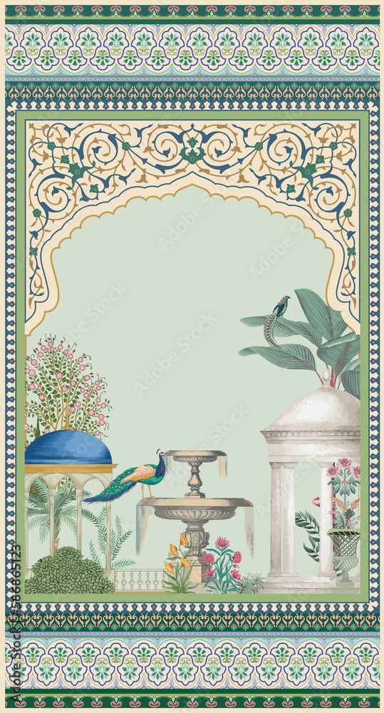 Islamic Mughal garden, peacock, bird, fountain, arch and border ...