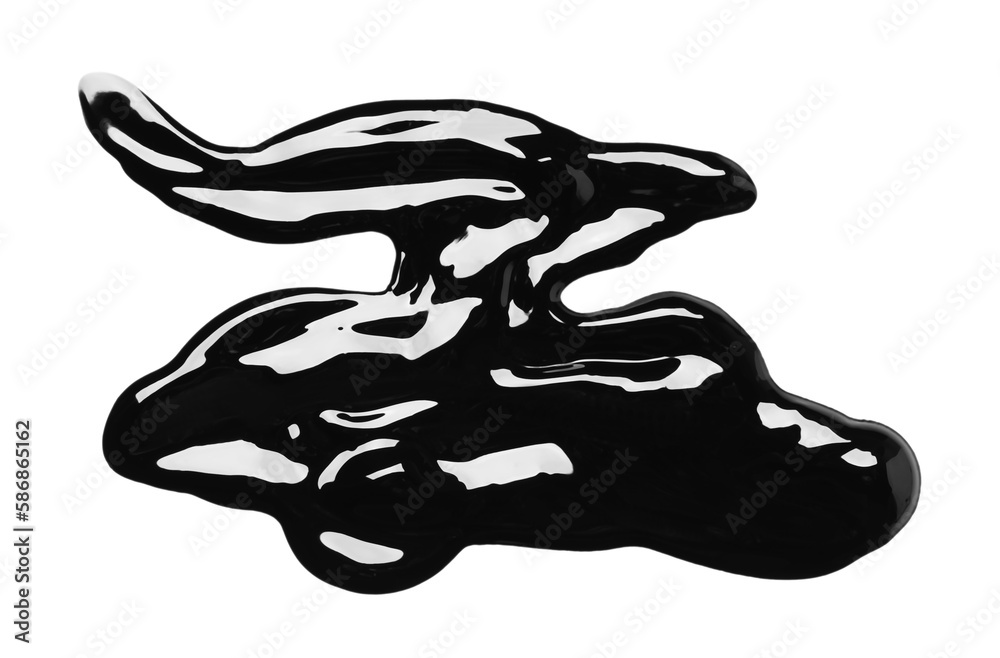 Blots of black glossy paint on white background, top view