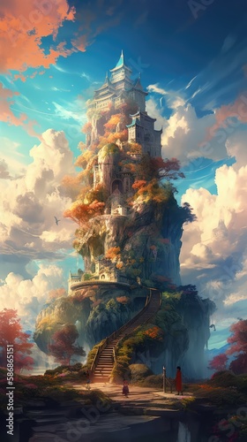 Town up the stairs. Sunny day with clouds in fantasy world. Generative ai.