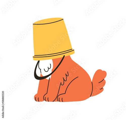 Dog hides head in bucket. Cute funny doggy, amusing puppy. Psychology, zoopsychology, fear, anonymity, incognito concept. Anonymous canine animal. Flat vector illustration isolated on white background