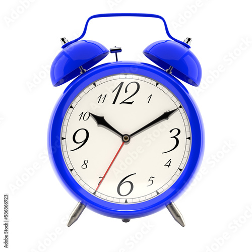 Alarm clock, vintage style blue color clock with black hands, png clipart isolated on transparent background