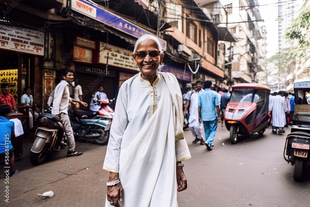 portrait of elderly Indian woman in urban city street, Generative Ai
