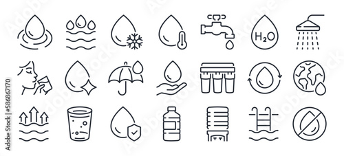 Water concept editable stroke outline icons set isolated on white background flat vector illustration. Pixel perfect. 64 x 64.