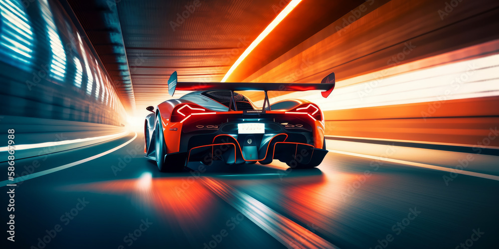 Speeding Through the Light: Futuristic Sport racing car at high speed riding in illuminated road tunnel. Generative AI