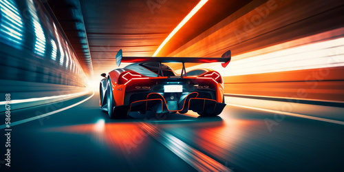 Speeding Through the Light  Futuristic Sport racing car at high speed riding in illuminated road tunnel. Generative AI
