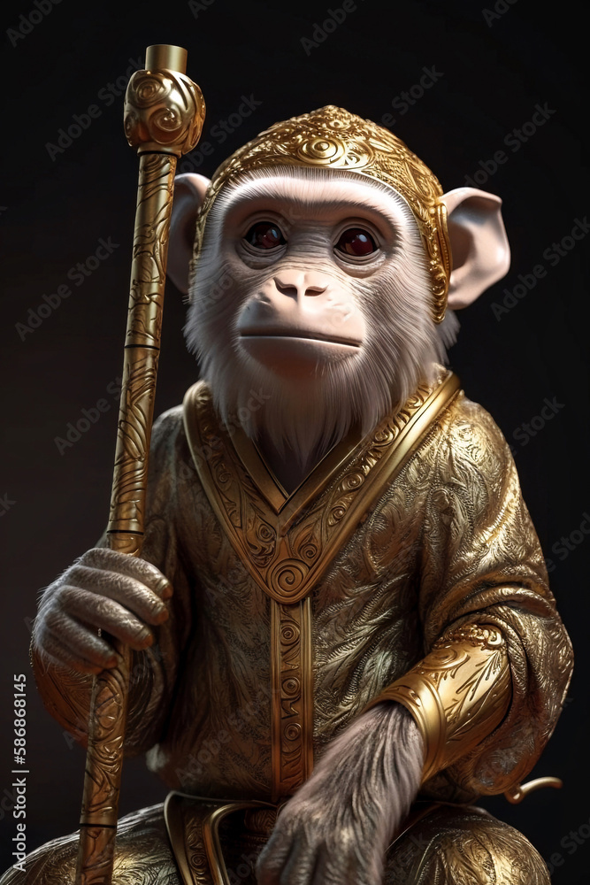 Illustration of a monkey wearing a cloak with a stick
