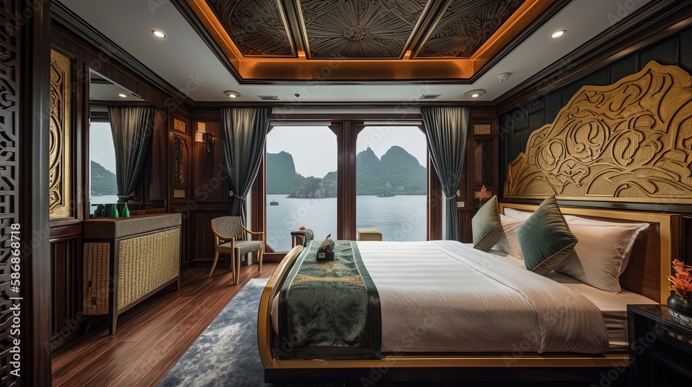 Φωτογραφία luxury sweet suit room on cruise traveling on ocean with tropical island view fr