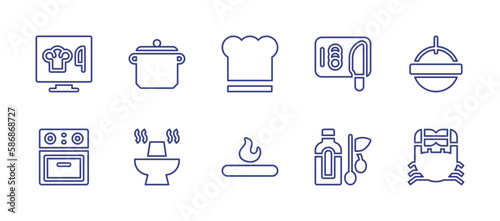 Cooking line icon set. Editable stroke. Vector illustration. Containing computer, pan, chef hat, cutting board, pot, oven, hot pot, fire, olive oil, crab.