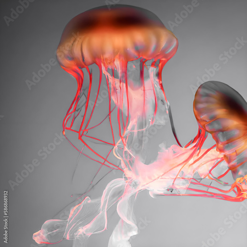 Kolorowe, świecące meduzy. Ilustracja wygenerowana przy pomocy AI.