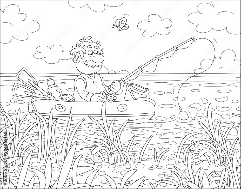 Funny experienced fisherman sitting in an inflatable boat with a fishing-rod and catching small fishes in reeds of a pretty lake on a sunny summer day, black and white vector cartoon illustration