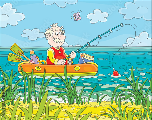 Funny experienced fisherman sitting in an inflatable boat with a fishing-rod and catching small fishes in reeds of a pretty lake on a sunny summer day, vector cartoon illustration