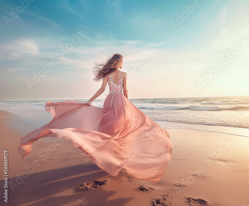 generative ai illustration of woman from behind dancing  jumping on the beach with fashionable long pastel dress