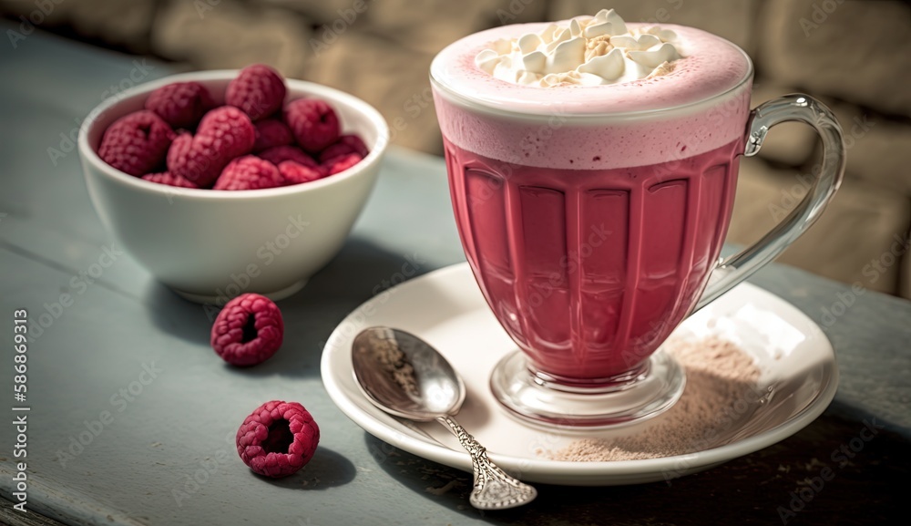 raspberry milkshake on wooden table with raspberry topping, idea sweet drink homemade, Generative Ai raspberry milkshake on wooden table with raspberry topping, idea sweet drink homemade, Generative Ai