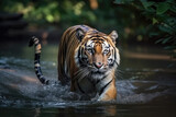 Tiger runs on water, in forest. Dangerous animal. wildlife animal background. Animal in a green forest stream, generative AI