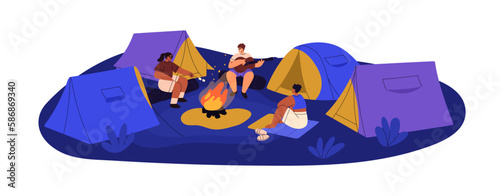 Campers friends play guitar, sing songs at night camp. People sitting around fire at campsite. Cozy evening campground with warm bonfire. Flat graphic vector illustration isolated on white background