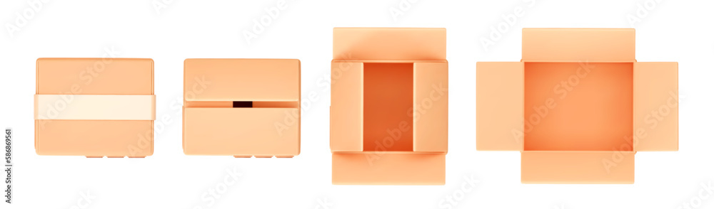 3d cardboard box icons top view set isolated on gray background. Render delivery cargo box with fragile care sign symbol, handling with care, protection from water rain. 3d cartoon vector. 3d cardboard box icons top view set isolated on gray background. Render delivery cargo box with fragile care sign symbol, handling with care, protection from water rain. 3d cartoon vector.