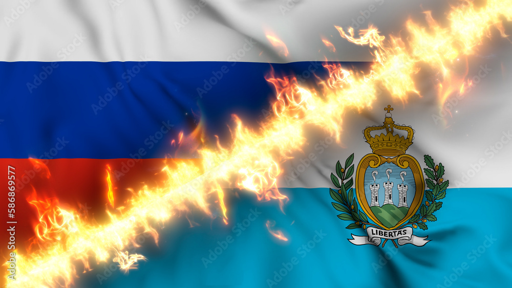 Φωτογραφία Illustration of a waving flag of russia and San Marino separated by a line of fire
