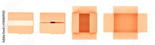 3d cardboard box icons top view set isolated on gray background. Render delivery cargo box with fragile care sign symbol, handling with care, protection from water rain. 3d cartoon vector.