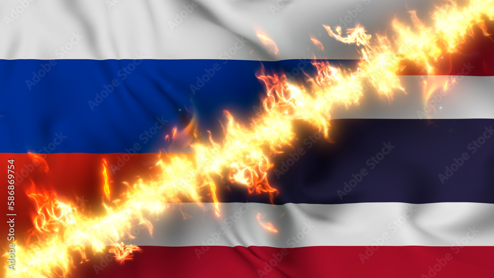 Φωτογραφία Illustration of a waving flag of russia and Thailand separated by a line of fire