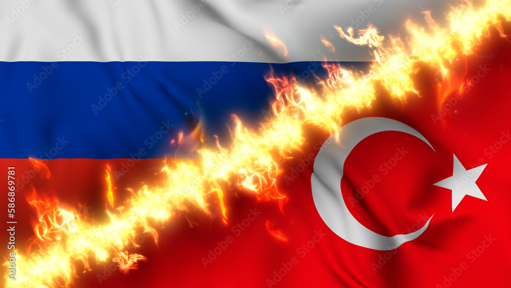 Φωτογραφία Illustration of a waving flag of russia and Turkey separated by a line of fire