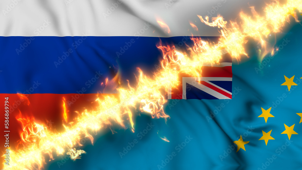 Φωτογραφία Illustration of a waving flag of russia and Tuvalu separated by a line of fire