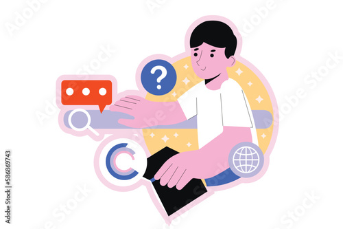 Internet search round concept with people scene in the flat cartoon design. Boy searches necessary information on the Internet. Vector illustration.