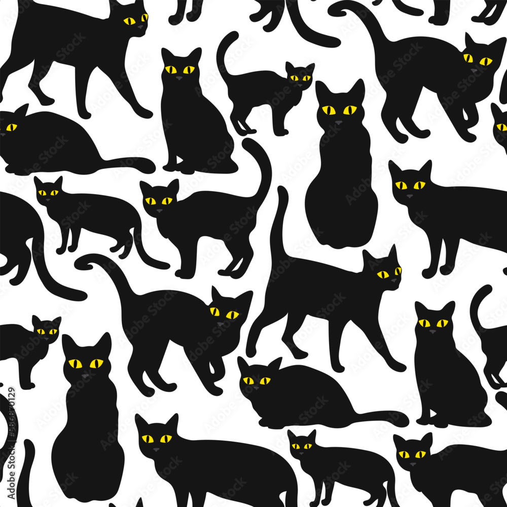Seamless pattern featuring a Halloween black cat with yellow eyes. A flat cartoon cat is sitting, standing. An angry, dissatisfied, frowning animal. Color vector illustration on a white background
