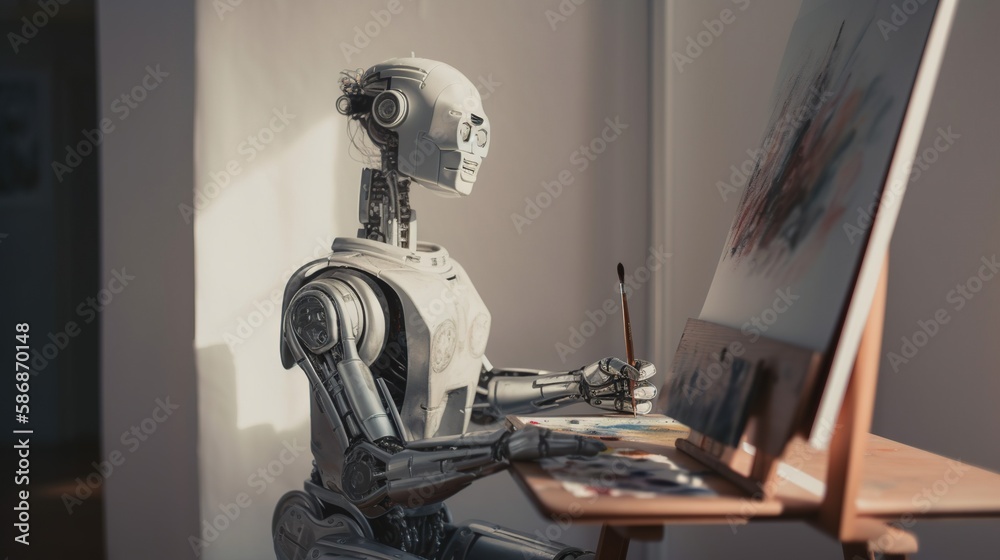 Robot drawing masterpiece on canvas ai artist bot painter generative ai Robot drawing masterpiece on canvas ai artist bot painter generative ai
