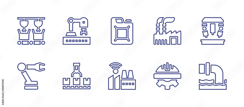 Industry line icon set. Editable stroke. Vector illustration. Containing packing, robotic arm, jerrycan, factory, robot, conveyor, labor day, spill.