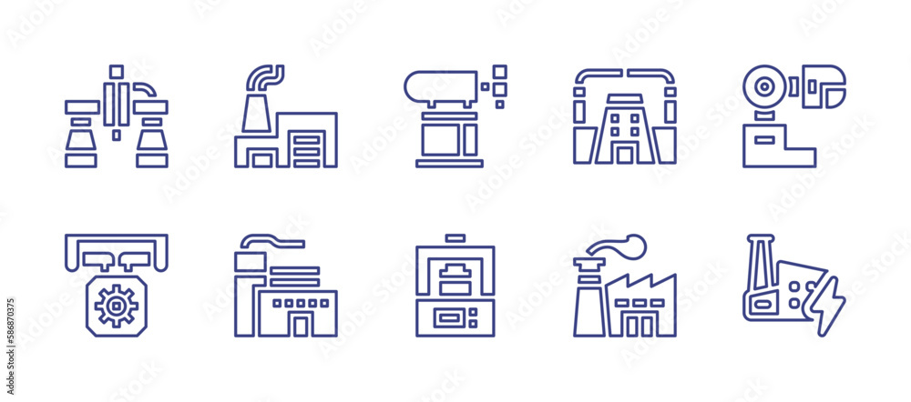 Industry line icon set. Editable stroke. Vector illustration. Containing industrial robot, factory, manufacturing, press machine, power plant.
