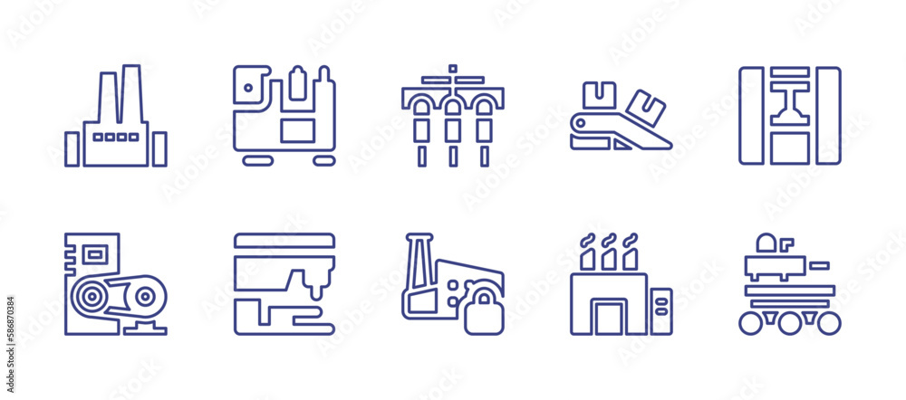 Industry line icon set. Editable stroke. Vector illustration. Containing industrial park, industrial robot, conveyor, machine, lock, manufacturing.