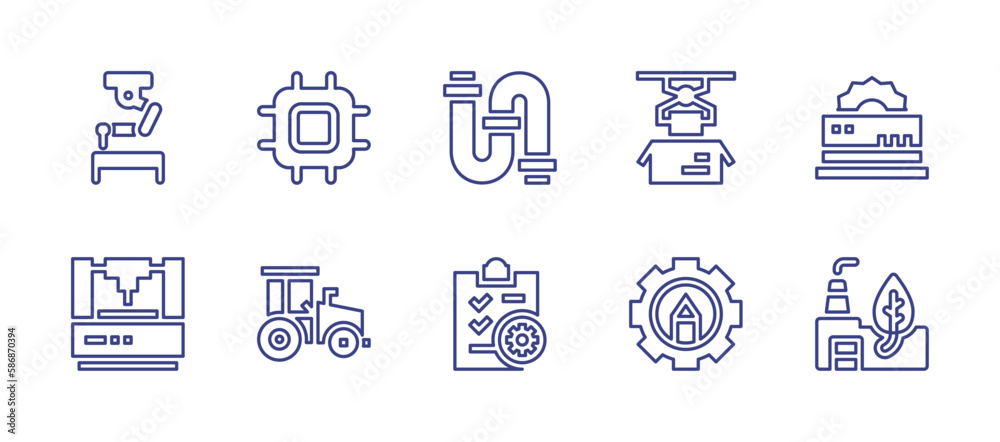Industry line icon set. Editable stroke. Vector illustration. Containing industrial robot, cpu, water pipe, industrial, cutter, laser, tractor, checklist, engineering, green.