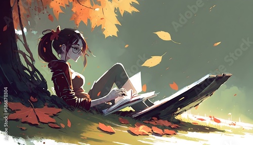 autumn is coming concept, young girl laying on grass reading a book in park with maple leaves falling, digital art style, illustration painting, Generative AI © MG