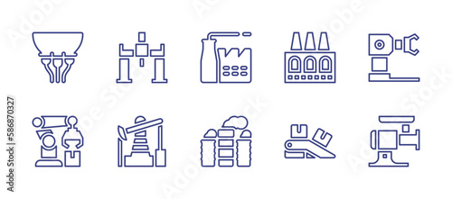 Industry line icon set. Editable stroke. Vector illustration. Containing milking, industrial robot, factory, robotic arm, robot, petroleum, pollution, conveyor, meat grinder.