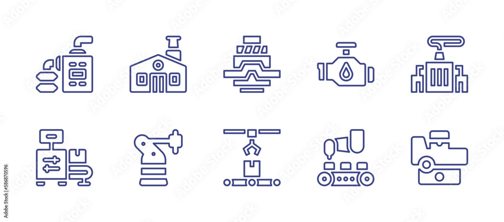 Industry line icon set. Editable stroke. Vector illustration. Containing pump, factory, power press, motor, industrial process, industrial robot, conveyor.
