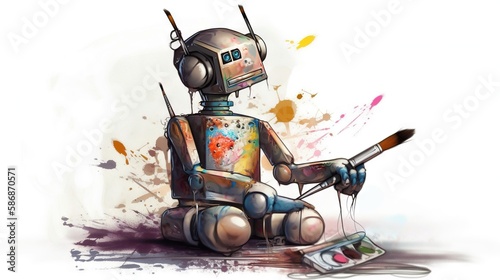Robot drawing masterpiece on canvas ai artist bot painter generative ai  © Roman