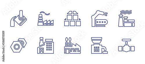 Industry line icon set. Editable stroke. Vector illustration. Containing heavy, factory, wood block, assembly line, nuts, industry, crusher, pipe.